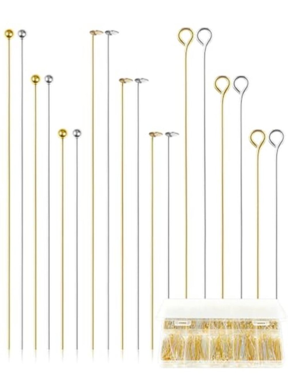 FIVEIZERO 900 PCS Eye Pins, Head Pins and Ball Pins, Gold & Silver, 3 Size